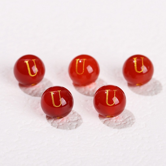 Picture of 10 PCs Agate ( Heated/Dyed ) Loose Beads For DIY Jewelry Making Red Round Initial Alphabet/ Capital Letter Message " U " Engraving About 8mm Dia., Hole: Approx 1.4mm