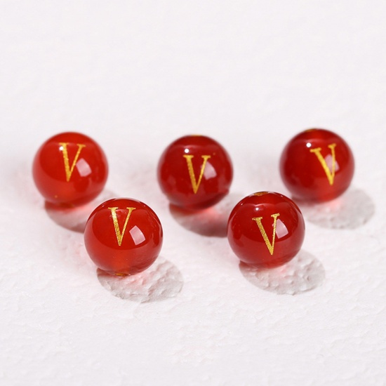 Picture of 10 PCs Agate ( Heated/Dyed ) Loose Beads For DIY Jewelry Making Red Round Initial Alphabet/ Capital Letter Message " V " Engraving About 8mm Dia., Hole: Approx 1.4mm