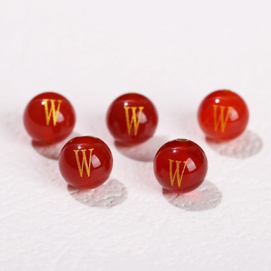 Picture of 10 PCs Agate ( Heated/Dyed ) Loose Beads For DIY Jewelry Making Red Round Initial Alphabet/ Capital Letter Message " W " Engraving About 8mm Dia., Hole: Approx 1.4mm