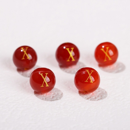 Picture of 10 PCs Agate ( Heated/Dyed ) Loose Beads For DIY Jewelry Making Red Round Initial Alphabet/ Capital Letter Message " X " Engraving About 8mm Dia., Hole: Approx 1.4mm