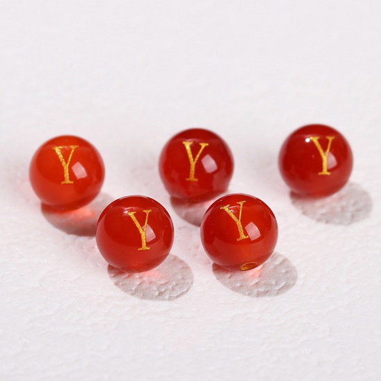 Picture of 10 PCs Agate ( Heated/Dyed ) Loose Beads For DIY Jewelry Making Red Round Initial Alphabet/ Capital Letter Message " Y " Engraving About 8mm Dia., Hole: Approx 1.4mm