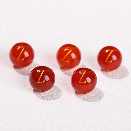 Picture of 10 PCs Agate ( Heated/Dyed ) Loose Beads For DIY Jewelry Making Red Round Initial Alphabet/ Capital Letter Message " Z " Engraving About 8mm Dia., Hole: Approx 1.4mm