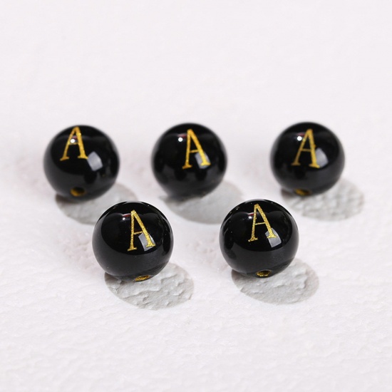 Picture of 10 PCs Agate ( Heated/Dyed ) Loose Beads For DIY Jewelry Making Black Round Initial Alphabet/ Capital Letter Message " A " Engraving About 8mm Dia., Hole: Approx 1.4mm
