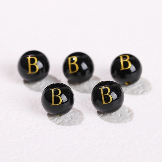 Picture of 10 PCs Agate ( Heated/Dyed ) Loose Beads For DIY Jewelry Making Black Round Initial Alphabet/ Capital Letter Message " B " Engraving About 8mm Dia., Hole: Approx 1.4mm