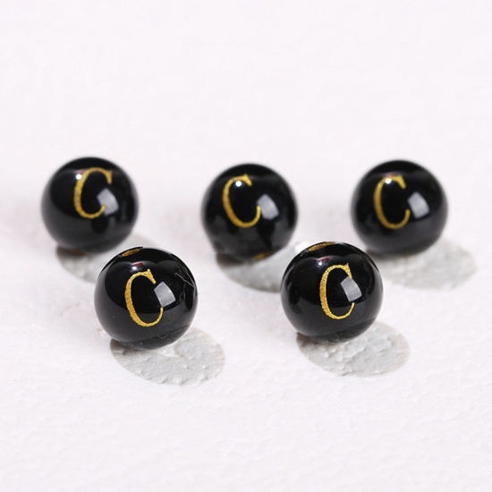 Picture of 10 PCs Agate ( Heated/Dyed ) Loose Beads For DIY Jewelry Making Black Round Initial Alphabet/ Capital Letter Message " C " Engraving About 8mm Dia., Hole: Approx 1.4mm