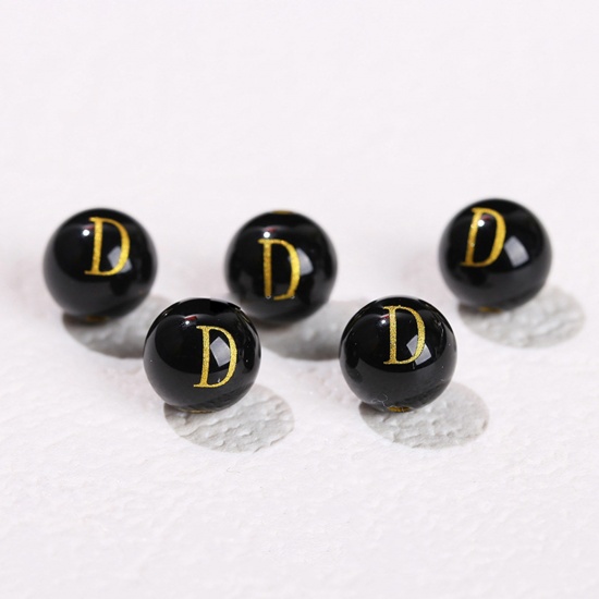 Picture of 10 PCs Agate ( Heated/Dyed ) Loose Beads For DIY Jewelry Making Black Round Initial Alphabet/ Capital Letter Message " D " Engraving About 8mm Dia., Hole: Approx 1.4mm