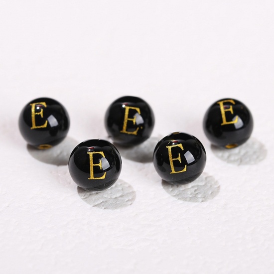 Picture of 10 PCs Agate ( Heated/Dyed ) Loose Beads For DIY Jewelry Making Black Round Initial Alphabet/ Capital Letter Message " E " Engraving About 8mm Dia., Hole: Approx 1.4mm