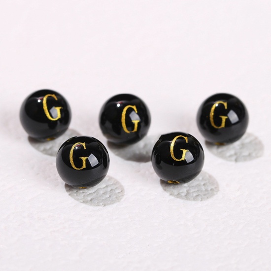 Picture of 10 PCs Agate ( Heated/Dyed ) Loose Beads For DIY Jewelry Making Black Round Initial Alphabet/ Capital Letter Message " G " Engraving About 8mm Dia., Hole: Approx 1.4mm
