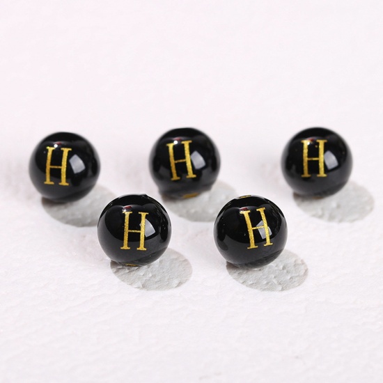 Picture of 10 PCs Agate ( Heated/Dyed ) Loose Beads For DIY Jewelry Making Black Round Initial Alphabet/ Capital Letter Message " H " Engraving About 8mm Dia., Hole: Approx 1.4mm