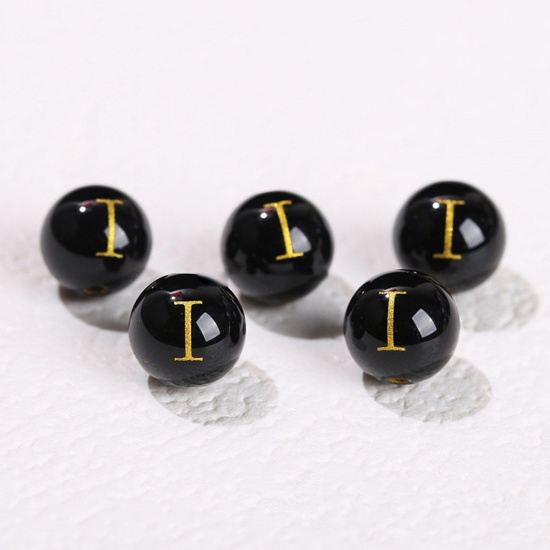 Picture of 10 PCs Agate ( Heated/Dyed ) Loose Beads For DIY Jewelry Making Black Round Initial Alphabet/ Capital Letter Message " I " Engraving About 8mm Dia., Hole: Approx 1.4mm