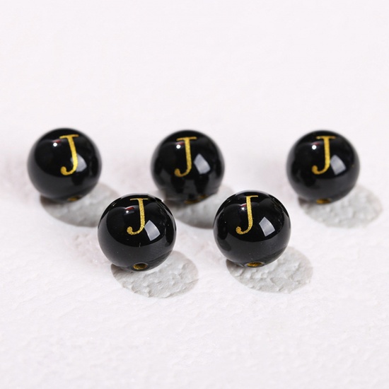 Picture of 10 PCs Agate ( Heated/Dyed ) Loose Beads For DIY Jewelry Making Black Round Initial Alphabet/ Capital Letter Message " J " Engraving About 8mm Dia., Hole: Approx 1.4mm