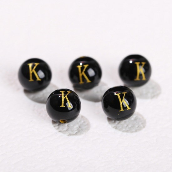 Picture of 10 PCs Agate ( Heated/Dyed ) Loose Beads For DIY Jewelry Making Black Round Initial Alphabet/ Capital Letter Message " K " Engraving About 8mm Dia., Hole: Approx 1.4mm