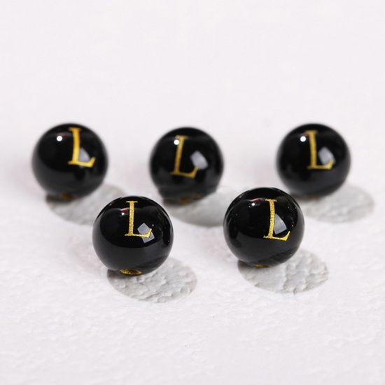 Picture of 10 PCs Agate ( Heated/Dyed ) Loose Beads For DIY Jewelry Making Black Round Initial Alphabet/ Capital Letter Message " L " Engraving About 8mm Dia., Hole: Approx 1.4mm