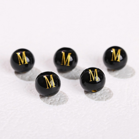 Picture of 10 PCs Agate ( Heated/Dyed ) Loose Beads For DIY Jewelry Making Black Round Initial Alphabet/ Capital Letter Message " M " Engraving About 8mm Dia., Hole: Approx 1.4mm