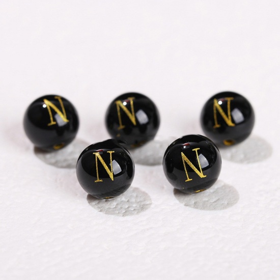 Picture of 10 PCs Agate ( Heated/Dyed ) Loose Beads For DIY Jewelry Making Black Round Initial Alphabet/ Capital Letter Message " N " Engraving About 8mm Dia., Hole: Approx 1.4mm