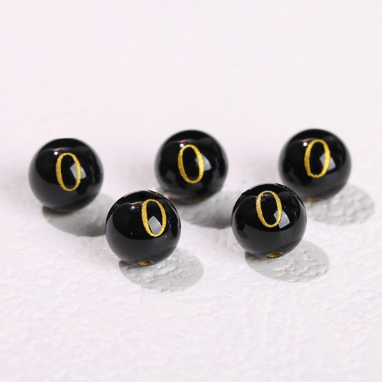 Picture of 10 PCs Agate ( Heated/Dyed ) Loose Beads For DIY Jewelry Making Black Round Initial Alphabet/ Capital Letter Message " O " Engraving About 8mm Dia., Hole: Approx 1.4mm