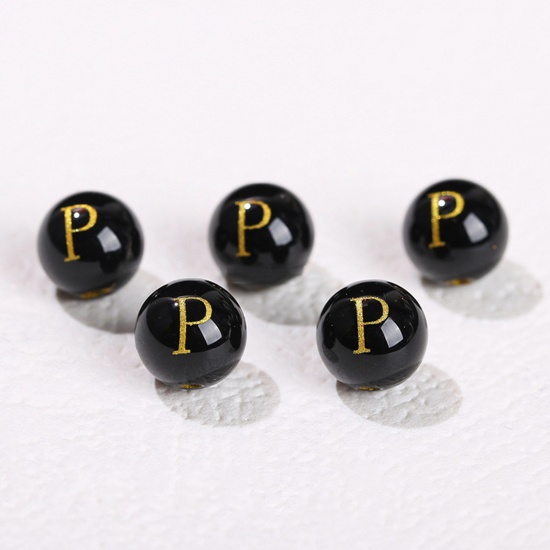 Picture of 10 PCs Agate ( Heated/Dyed ) Loose Beads For DIY Jewelry Making Black Round Initial Alphabet/ Capital Letter Message " P " Engraving About 8mm Dia., Hole: Approx 1.4mm
