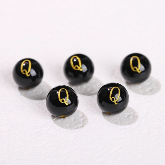 Picture of 10 PCs Agate ( Heated/Dyed ) Loose Beads For DIY Jewelry Making Black Round Initial Alphabet/ Capital Letter Message " Q " Engraving About 8mm Dia., Hole: Approx 1.4mm