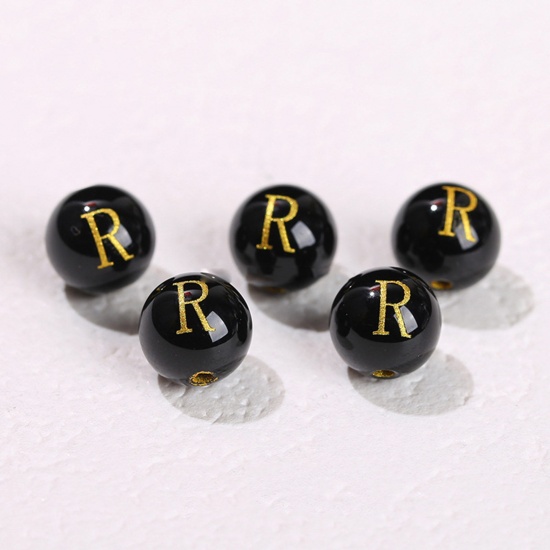 Picture of 10 PCs Agate ( Heated/Dyed ) Loose Beads For DIY Jewelry Making Black Round Initial Alphabet/ Capital Letter Message " R " Engraving About 8mm Dia., Hole: Approx 1.4mm