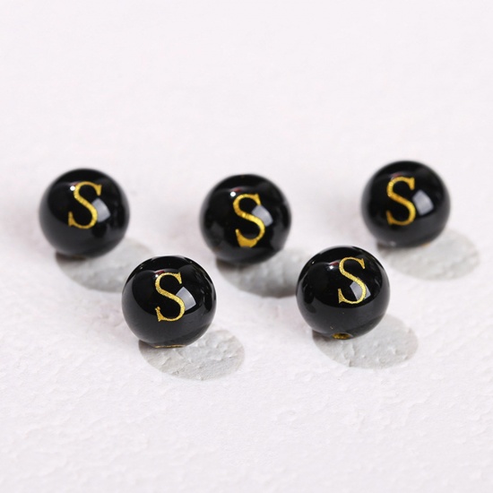 Picture of 10 PCs Agate ( Heated/Dyed ) Loose Beads For DIY Jewelry Making Black Round Initial Alphabet/ Capital Letter Message " S " Engraving About 8mm Dia., Hole: Approx 1.4mm