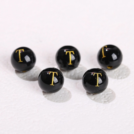 Picture of 10 PCs Agate ( Heated/Dyed ) Loose Beads For DIY Jewelry Making Black Round Initial Alphabet/ Capital Letter Message " T " Engraving About 8mm Dia., Hole: Approx 1.4mm