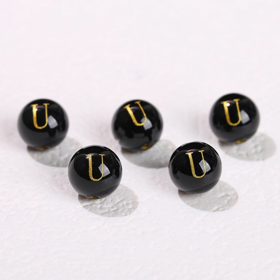Picture of 10 PCs Agate ( Heated/Dyed ) Loose Beads For DIY Jewelry Making Black Round Initial Alphabet/ Capital Letter Message " U " Engraving About 8mm Dia., Hole: Approx 1.4mm