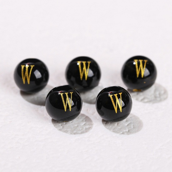 Picture of 10 PCs Agate ( Heated/Dyed ) Loose Beads For DIY Jewelry Making Black Round Initial Alphabet/ Capital Letter Message " W " Engraving About 8mm Dia., Hole: Approx 1.4mm