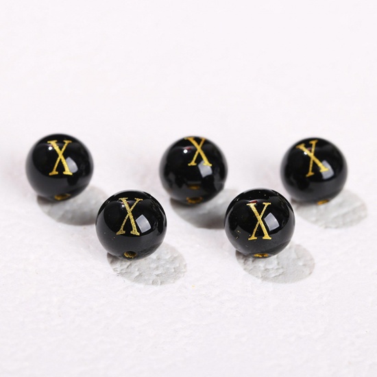 Picture of 10 PCs Agate ( Heated/Dyed ) Loose Beads For DIY Jewelry Making Black Round Initial Alphabet/ Capital Letter Message " X " Engraving About 8mm Dia., Hole: Approx 1.4mm