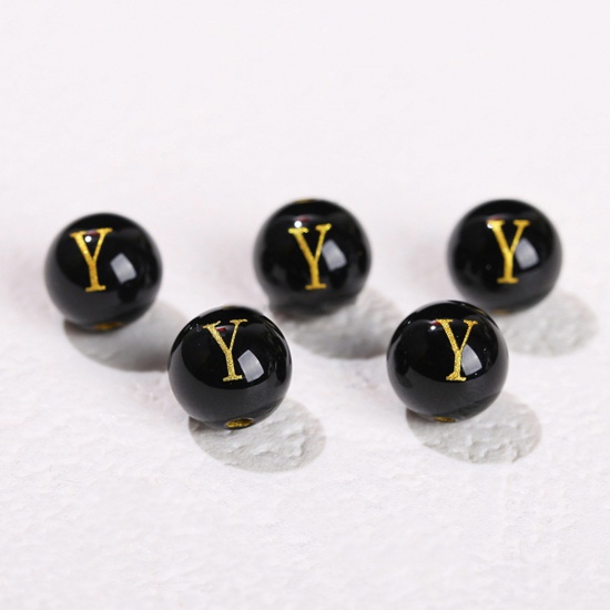 Picture of 10 PCs Agate ( Heated/Dyed ) Loose Beads For DIY Jewelry Making Black Round Initial Alphabet/ Capital Letter Message " Y " Engraving About 8mm Dia., Hole: Approx 1.4mm