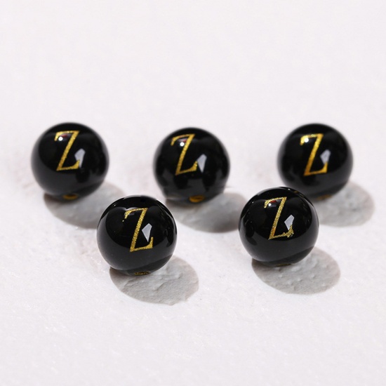 Picture of 10 PCs Agate ( Heated/Dyed ) Loose Beads For DIY Jewelry Making Black Round Initial Alphabet/ Capital Letter Message " Z " Engraving About 8mm Dia., Hole: Approx 1.4mm