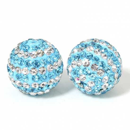 Picture of 2 PCs Polymer Clay Beads For DIY Charm Jewelry Making Round Lake Blue Clear Rhinestone About 16mm Dia, Hole: Approx 1.4mm