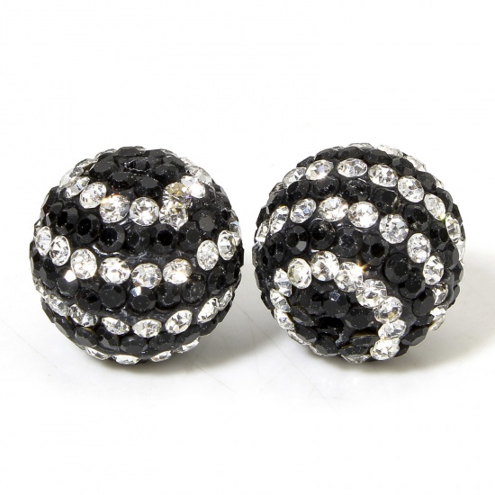 Picture of 2 PCs Polymer Clay Beads For DIY Charm Jewelry Making Round Black Clear Rhinestone About 16mm Dia, Hole: Approx 1.4mm