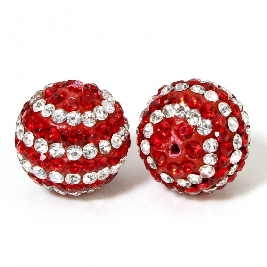 Picture of 2 PCs Polymer Clay Beads For DIY Charm Jewelry Making Round Red Clear Rhinestone About 16mm Dia, Hole: Approx 1.4mm