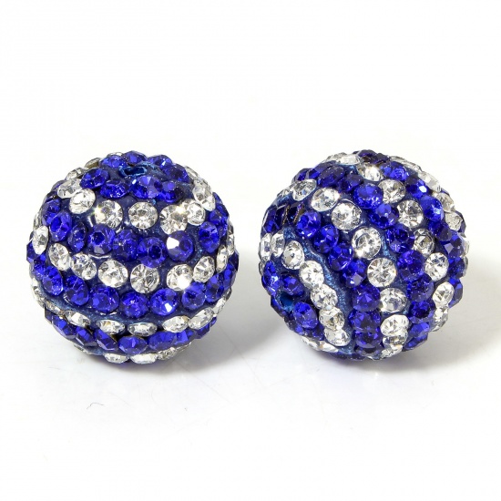 Picture of 2 PCs Polymer Clay Beads For DIY Charm Jewelry Making Round Royal Blue Clear Rhinestone About 16mm Dia, Hole: Approx 1.4mm