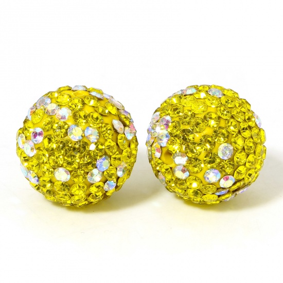 Picture of 5 PCs Polymer Clay Beads For DIY Charm Jewelry Making Round Lemon Yellow Clear Rhinestone About 16mm Dia, Hole: Approx 1.2mm