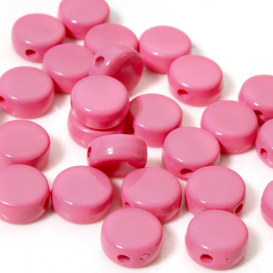 Picture of 10 PCs Acrylic Beads For DIY Charm Jewelry Making Hot Pink Flat Round Enamel About 8mm Dia., 1.2mm