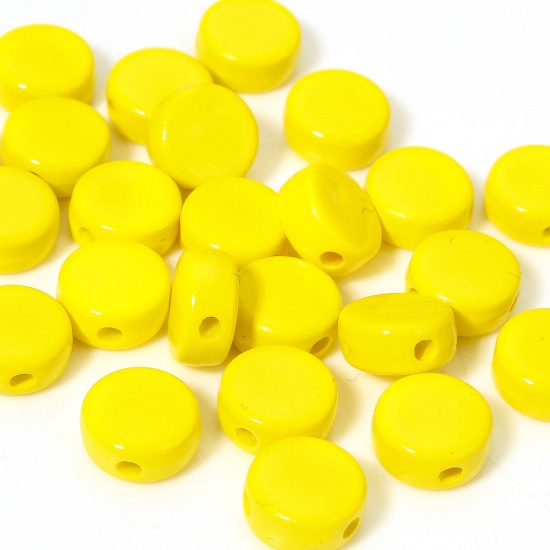 Picture of 10 PCs Acrylic Beads For DIY Charm Jewelry Making Yellow Flat Round Enamel About 8mm Dia., 1.2mm
