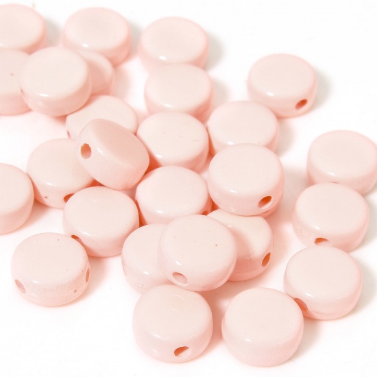 Picture of 10 PCs Acrylic Beads For DIY Charm Jewelry Making Light Pink Flat Round Enamel About 8mm Dia., 1.2mm