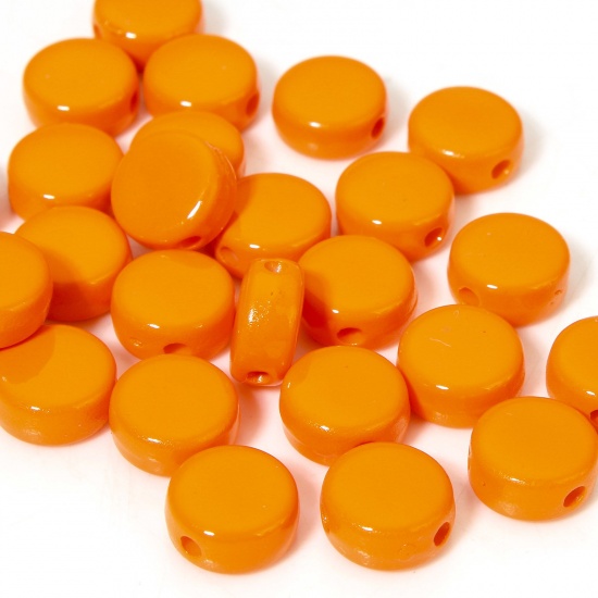 Picture of 10 PCs Acrylic Beads For DIY Charm Jewelry Making Orange Flat Round Enamel About 8mm Dia., 1.2mm