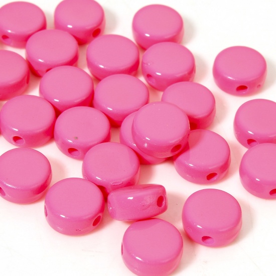 Picture of 10 PCs Acrylic Beads For DIY Charm Jewelry Making Fuchsia Flat Round Enamel About 8mm Dia., 1.2mm