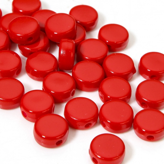 Picture of 10 PCs Acrylic Beads For DIY Charm Jewelry Making Red Flat Round Enamel About 8mm Dia., 1.2mm