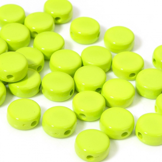 Picture of 10 PCs Acrylic Beads For DIY Charm Jewelry Making Green Flat Round Enamel About 8mm Dia., 1.2mm