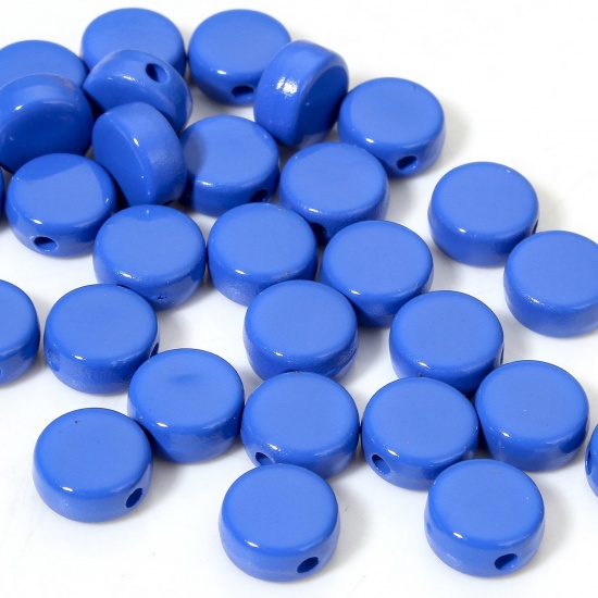 Picture of 10 PCs Acrylic Beads For DIY Charm Jewelry Making Royal Blue Flat Round Enamel About 8mm Dia., 1.2mm