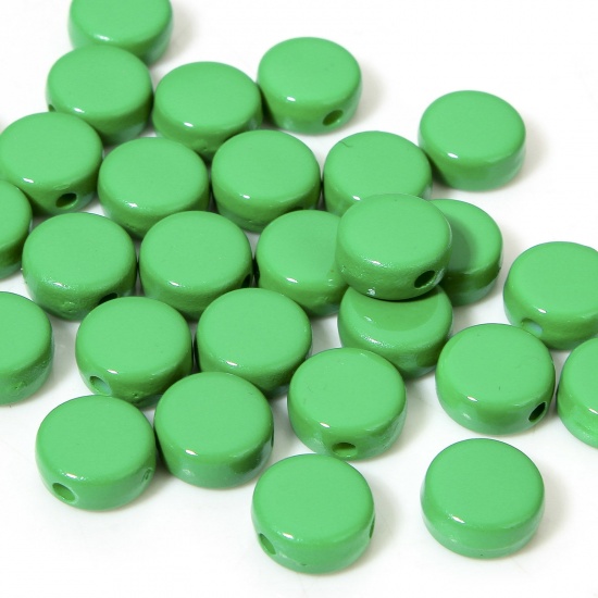 Picture of 10 PCs Acrylic Beads For DIY Charm Jewelry Making Dark Green Flat Round Enamel About 8mm Dia., 1.2mm