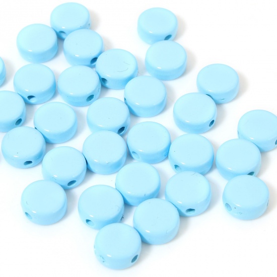 Picture of 10 PCs Acrylic Beads For DIY Charm Jewelry Making Light Blue Flat Round Enamel About 8mm Dia., 1.2mm