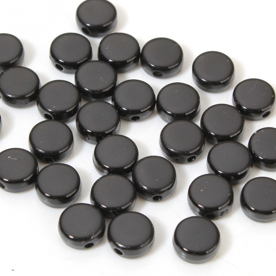 Picture of 10 PCs Acrylic Beads For DIY Charm Jewelry Making Black Flat Round Enamel About 8mm Dia., 1.2mm