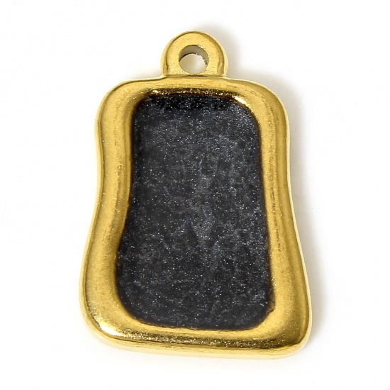 Picture of 2 PCs 304 Stainless Steel Charms 18K Gold Color Black Rectangle Enamel 22mm x 16mm