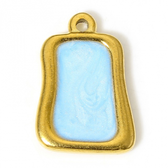 Picture of 2 PCs 304 Stainless Steel Charms 18K Gold Color Blue Rectangle Enamel 22mm x 16mm