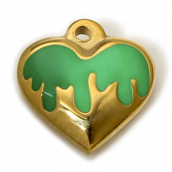 Picture of 1 Piece 304 Stainless Steel Charms 18K Gold Color Green Heart Enamel 17mm x