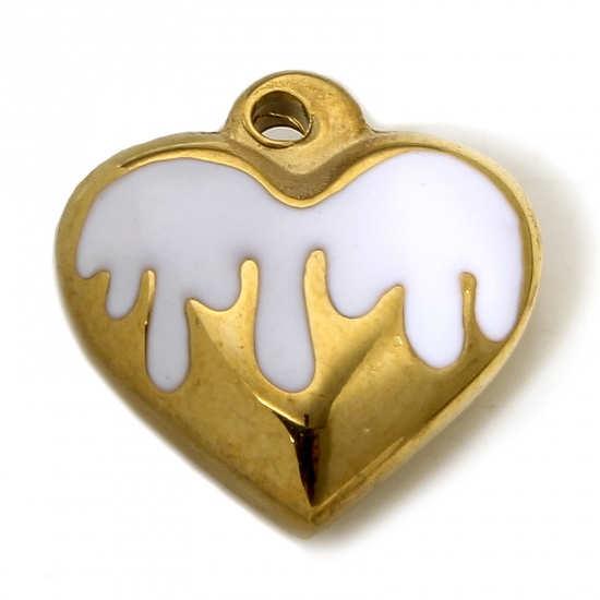 Picture of 1 Piece 304 Stainless Steel Charms 18K Gold Color White Heart Enamel 17mm x 16.5mm